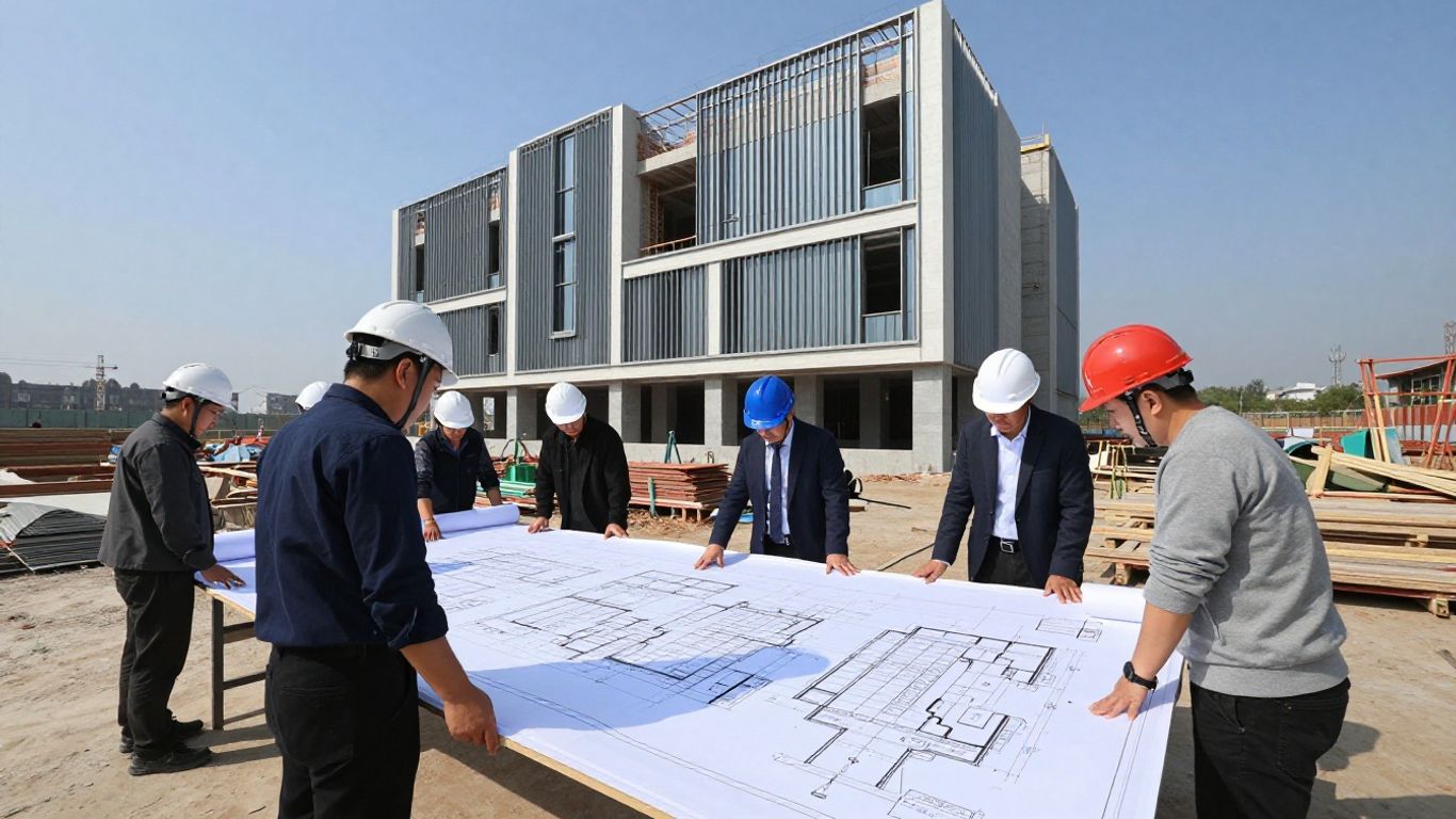 Construction workers reviewing blueprints at a site.