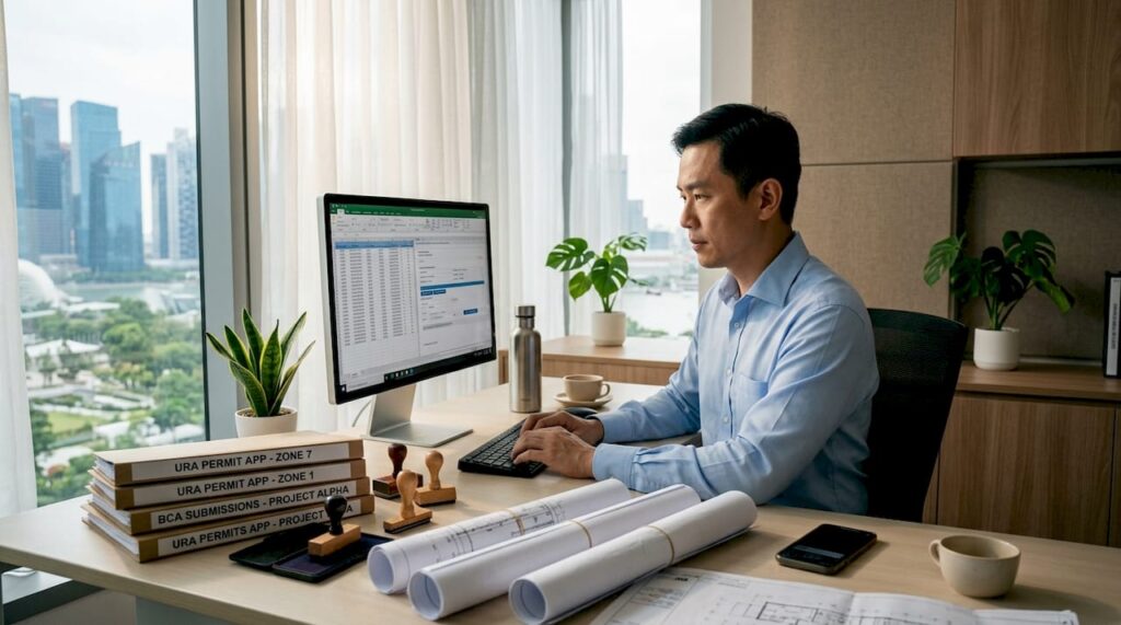 Engineer working on building permits in Singapore office