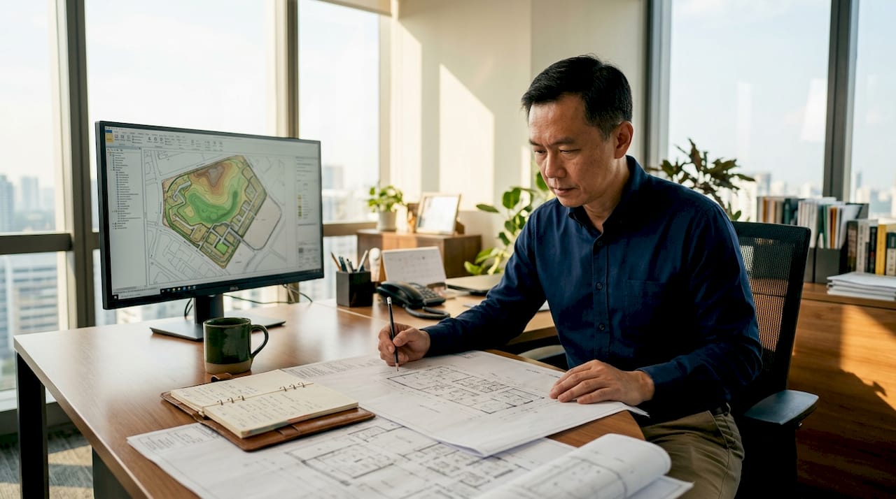 Urban planner reviewing infrastructure blueprints
