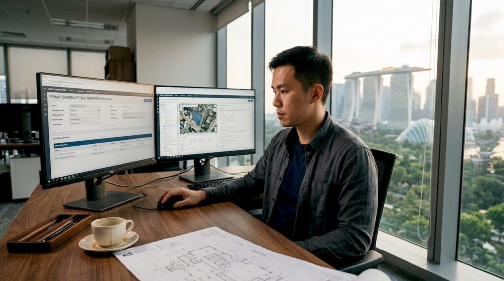 Engineer working on digital compliance workflow screens in office