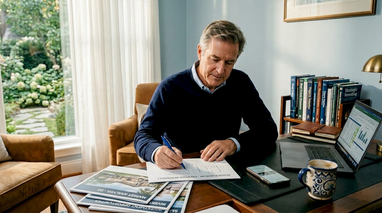 Real estate investor reviewing project plan in office