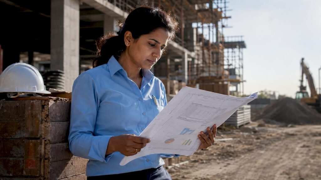 Engineer reviewing feasibility study documents