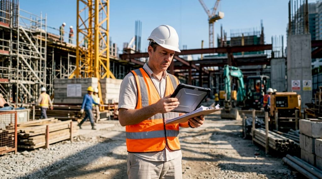 Building inspector reviewing BCA inspection checklist