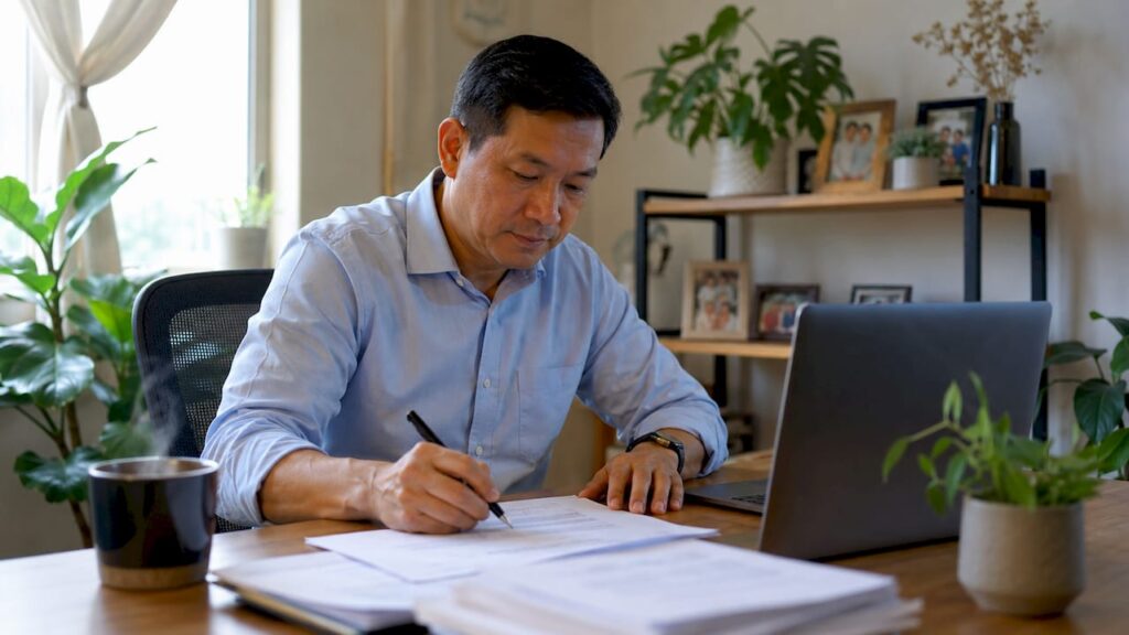 Middle-aged man completing HDB approval forms