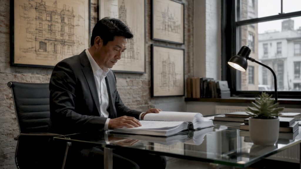 QP reviewing compliance documents in office
