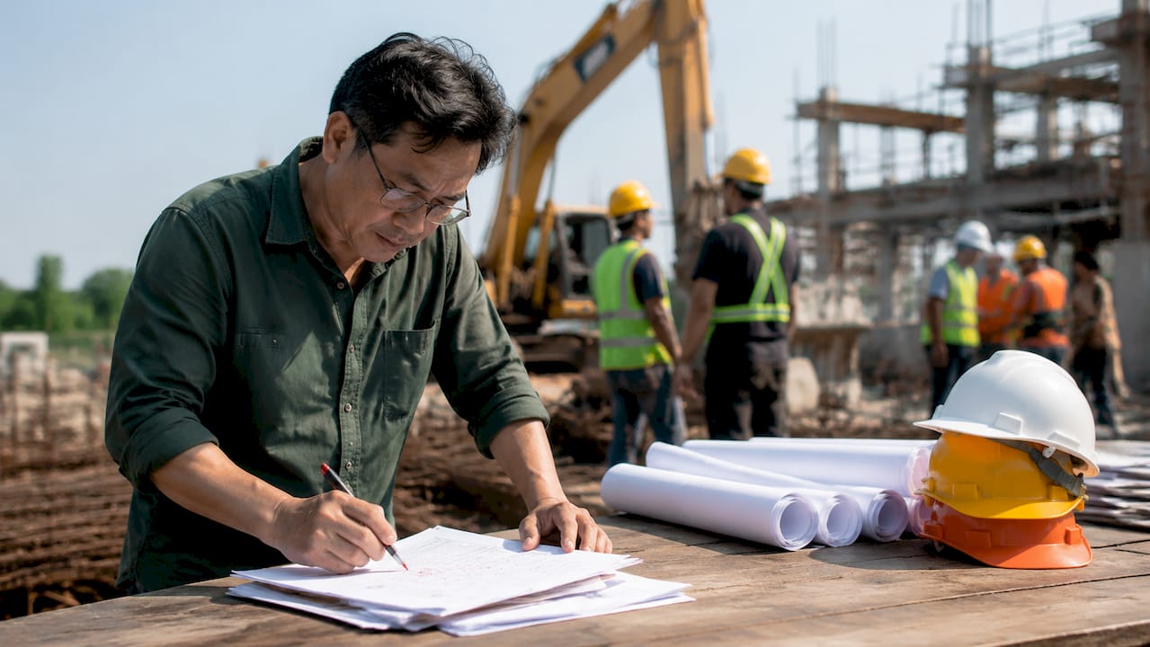 Project manager reviewing construction risk documents