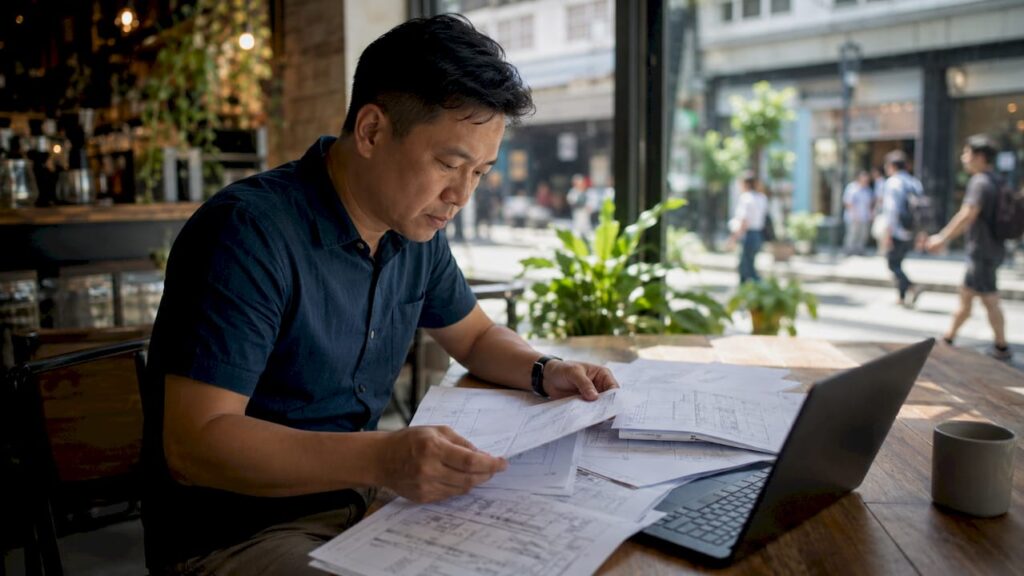 Engineer reviewing statutory approval documents in office