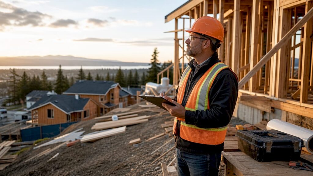 Construction inspector examining site foundations