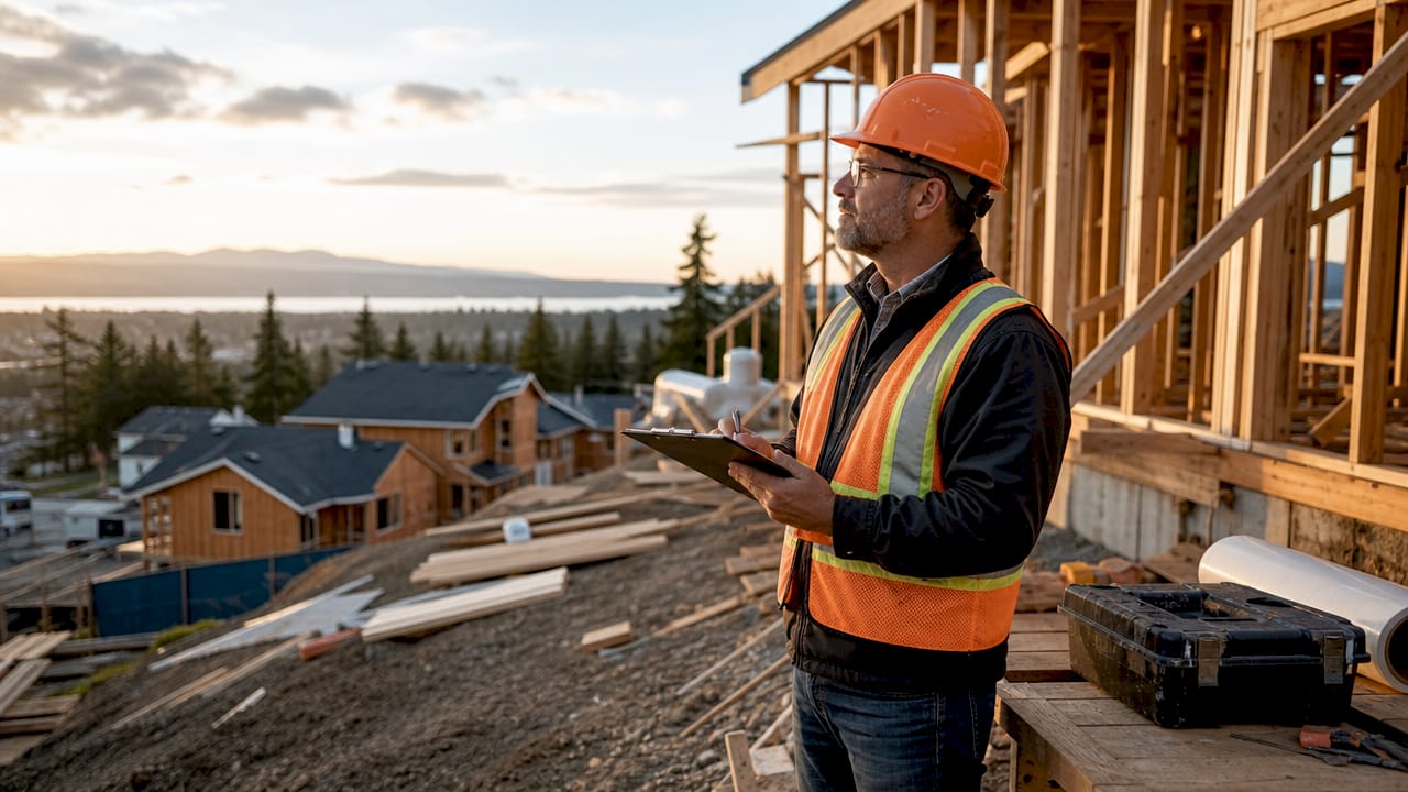 Construction inspector examining site foundations