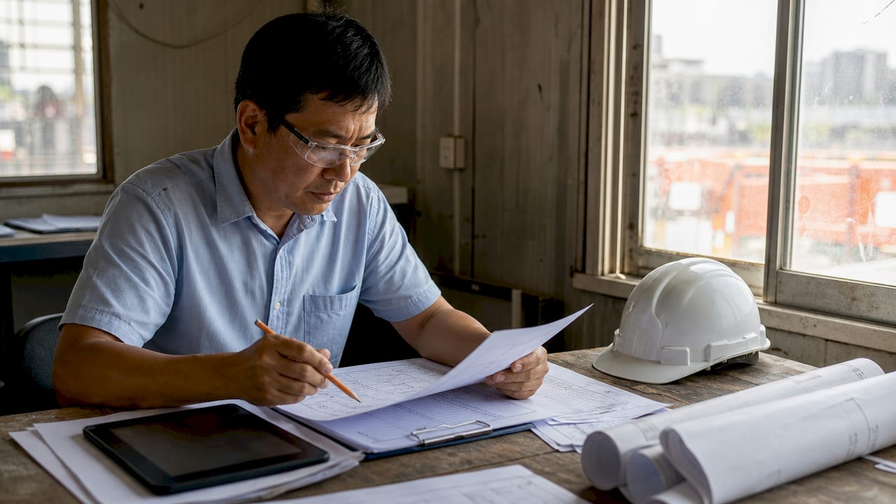 Engineer reviewing structural compliance checklist at site trailer