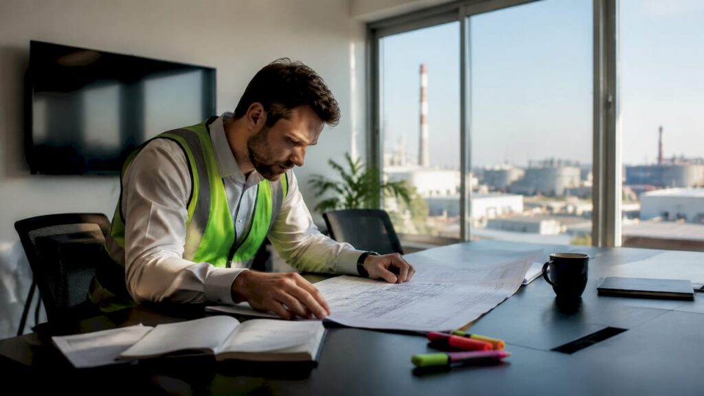 Fire safety engineer examining industrial project plans
