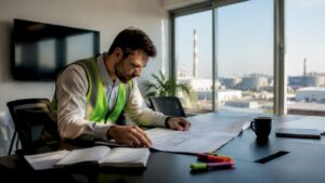 Fire safety engineer examining industrial project plans