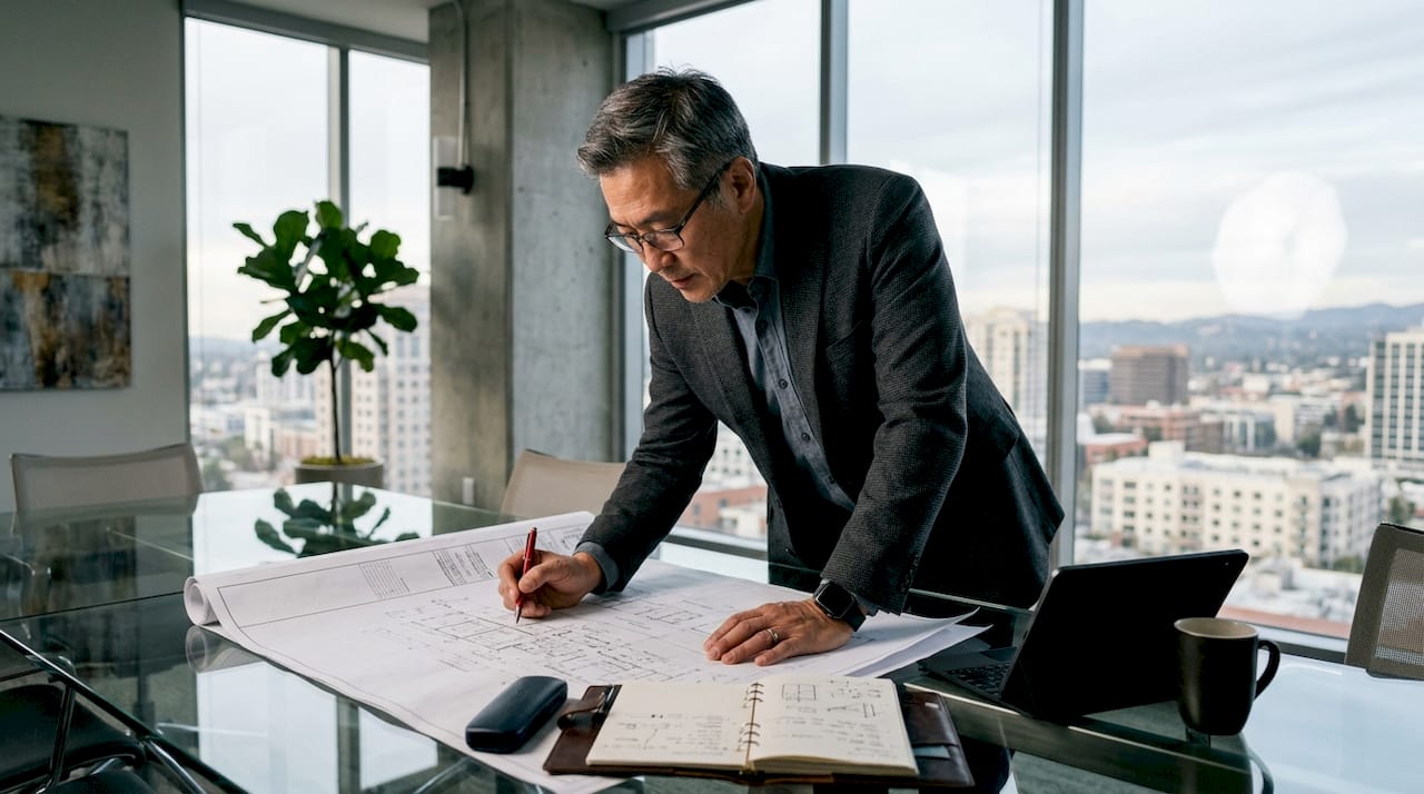 Developer reviewing URA architectural plans in office