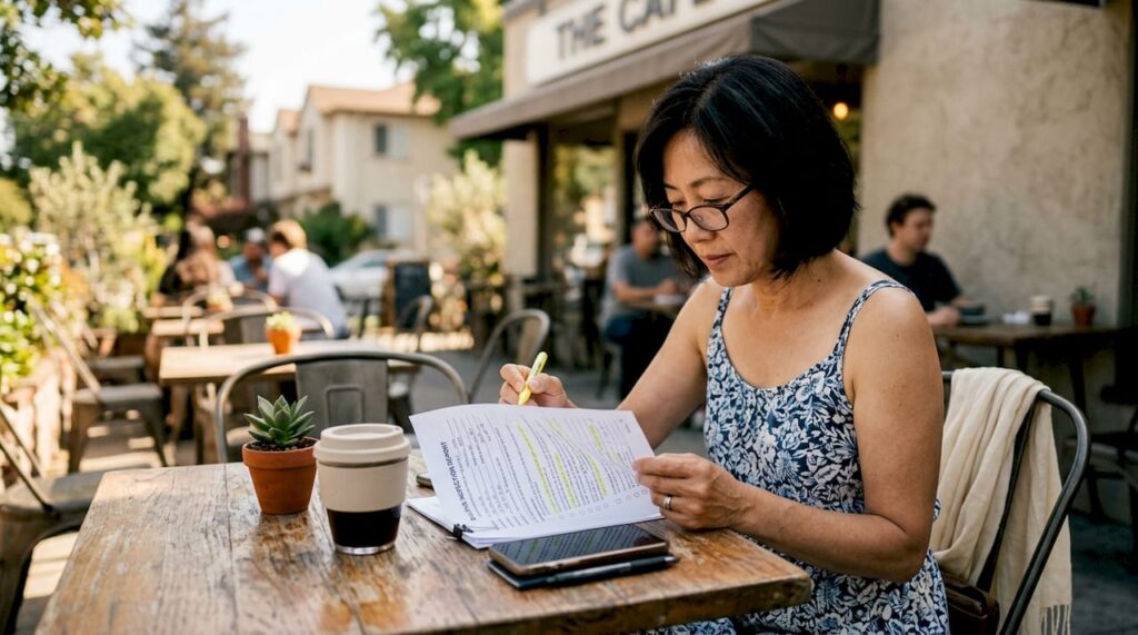 Woman reviewing building inspection report at table