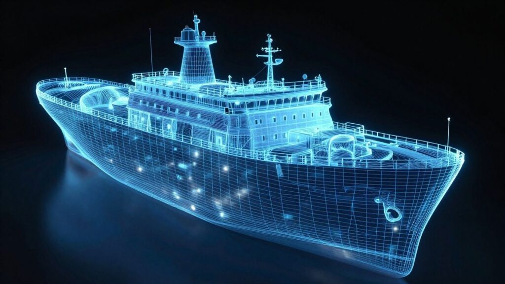 3D ship hull model with glowing blue lines.