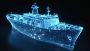 3D ship hull model with glowing blue lines.