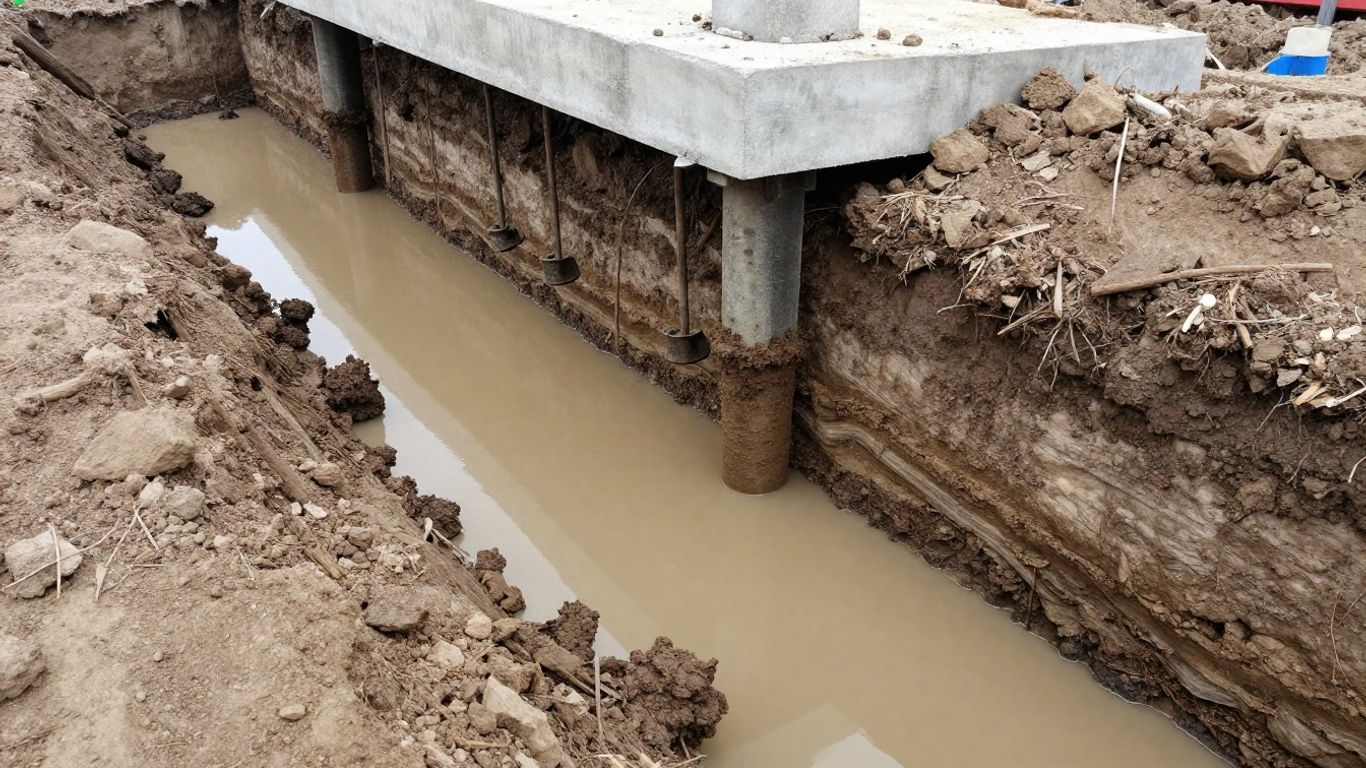 Foundation piles driven into soft, subsiding soil.