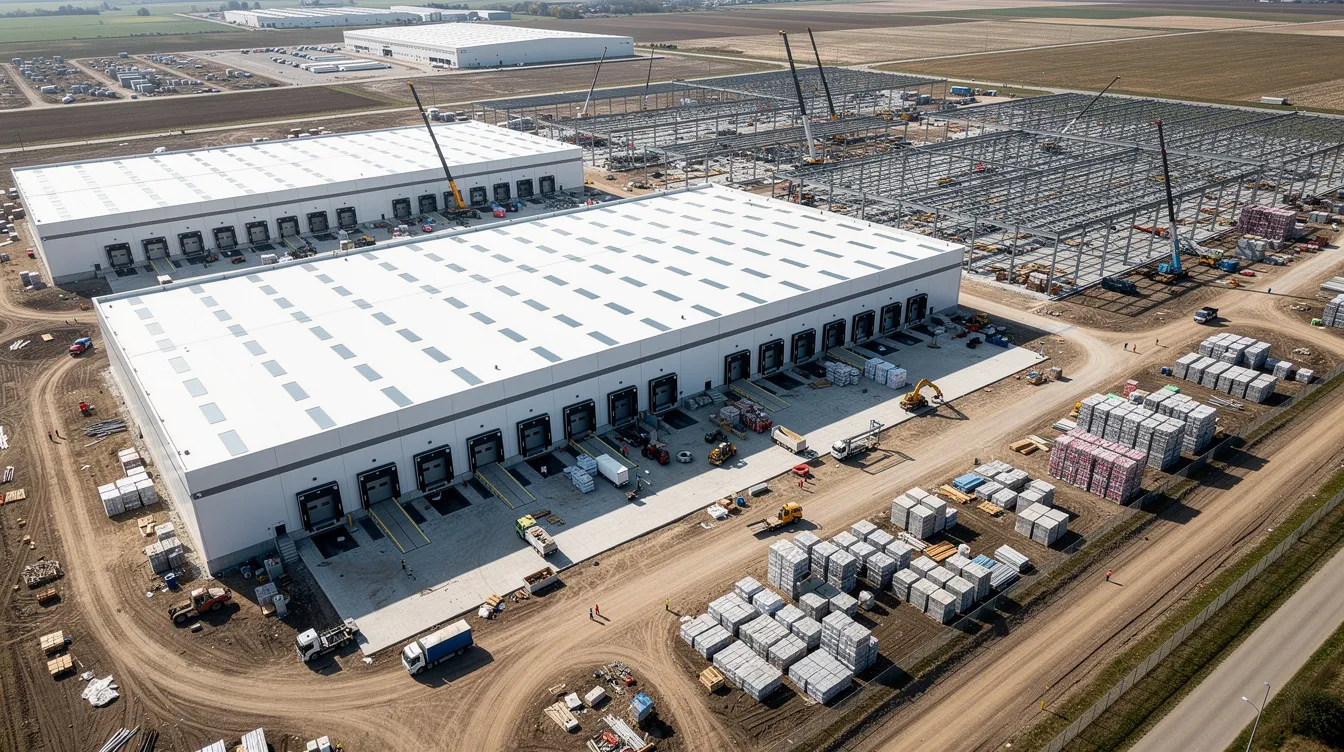 An aerial view captures a large industrial logistics hub under construction, featuring multiple loading bays and warehouse structures. The site is in the process of obtaining necessary clearances and approvals, including a temporary occupation permit, as it progresses towards statutory completion.