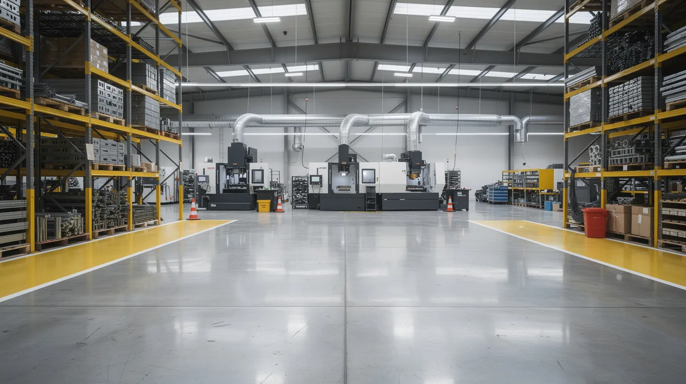 The image depicts a concrete floor slab in an industrial factory setting, featuring a robust racking system and heavy machinery, indicative of a productive industrial land lease environment. This setup reflects potential for plant and machinery investments, essential for optimizing business competitiveness and aligning with lease renewal strategies.