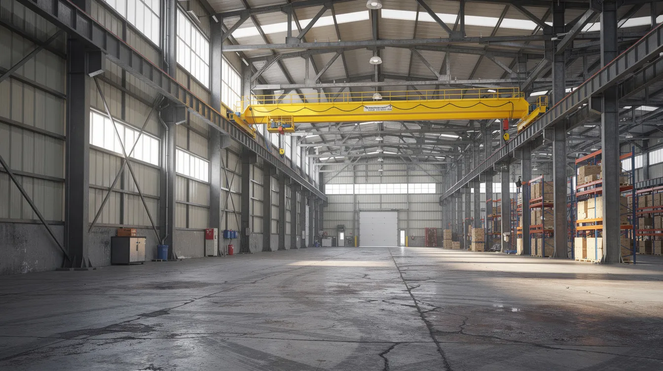 The image depicts the interior of an industrial warehouse featuring a robust steel structural framework, an overhead crane system for material handling, and a smooth concrete flooring. This environment is essential for various building works and may require a temporary occupation permit from the building and construction authority to ensure compliance with safety and construction regulations.