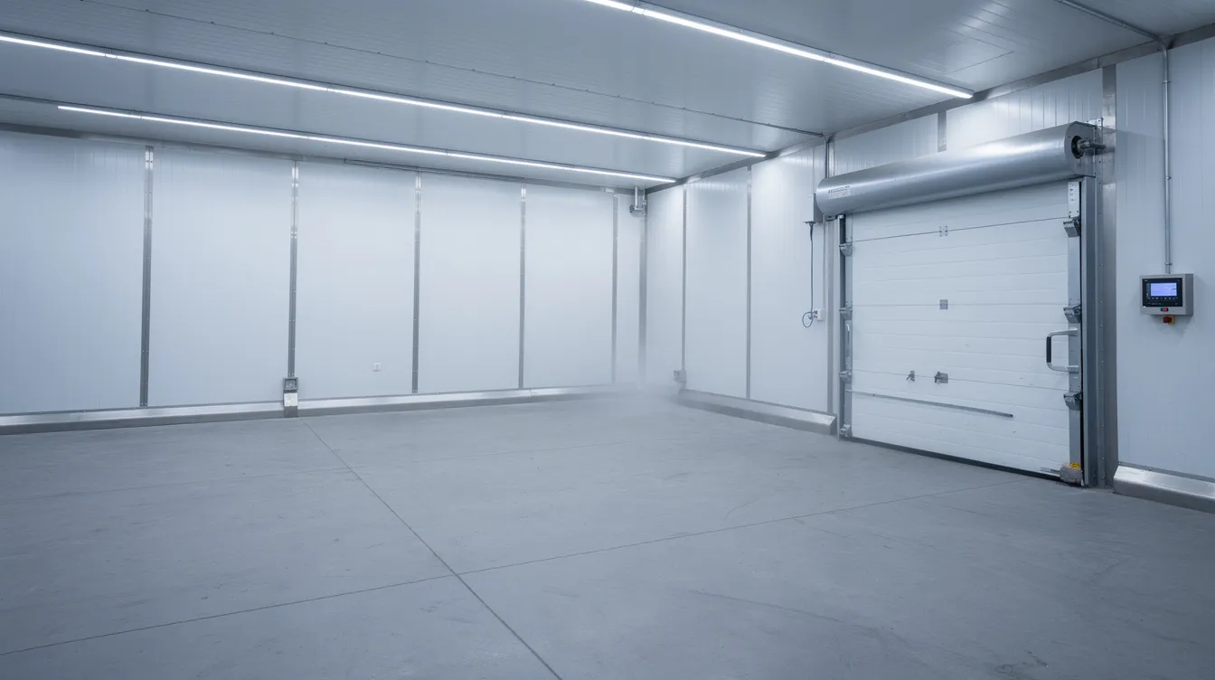 The image depicts the interior of an industrial cold room in a food factory, featuring reinforced concrete flooring and insulated panel walls designed for optimal cold storage. This modern cold room is equipped with precise temperature control systems, ensuring the safety and integrity of perishable products while maintaining energy efficiency in the cold room operation.