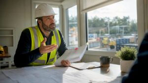 Project manager reviewing construction approval paperwork