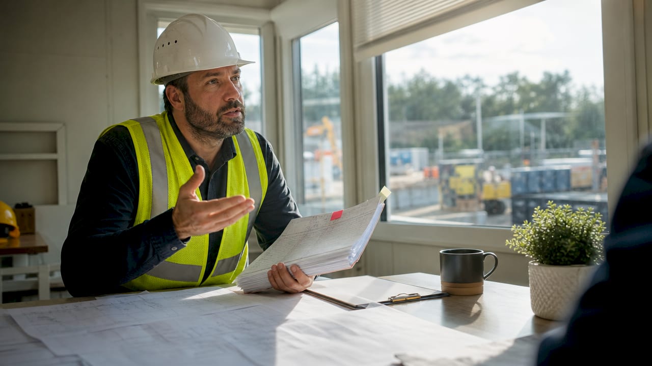 Project manager reviewing construction approval paperwork