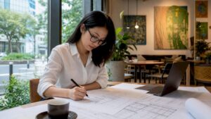 Architect reviewing BCA building plans in Singapore office