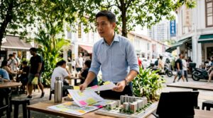 Urban planner reviewing feasibility study in Singapore office