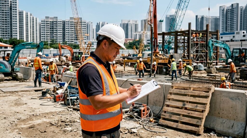 Construction manager reviewing safety checklist onsite