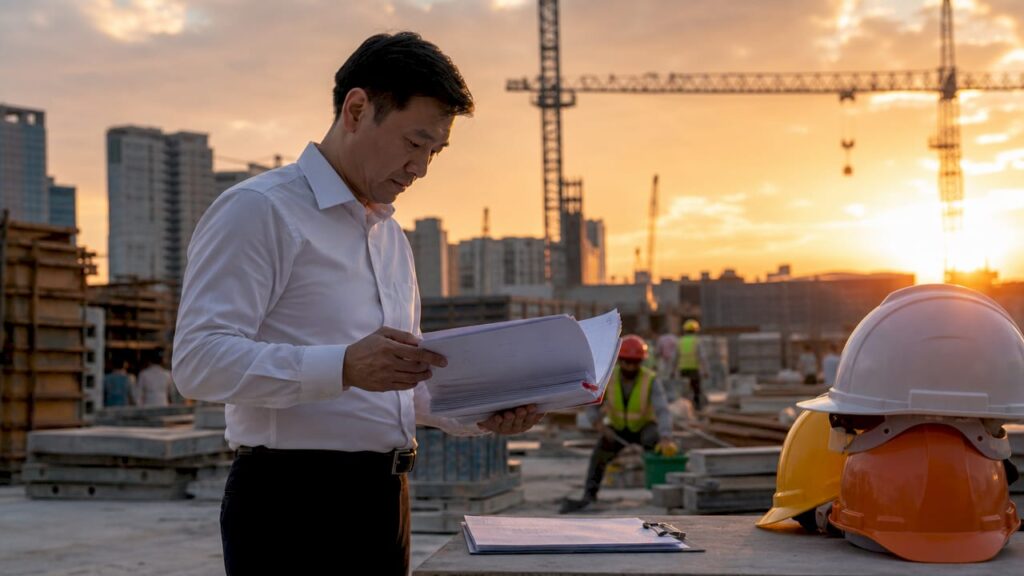 Professional reviewing SCDF fire safety documents