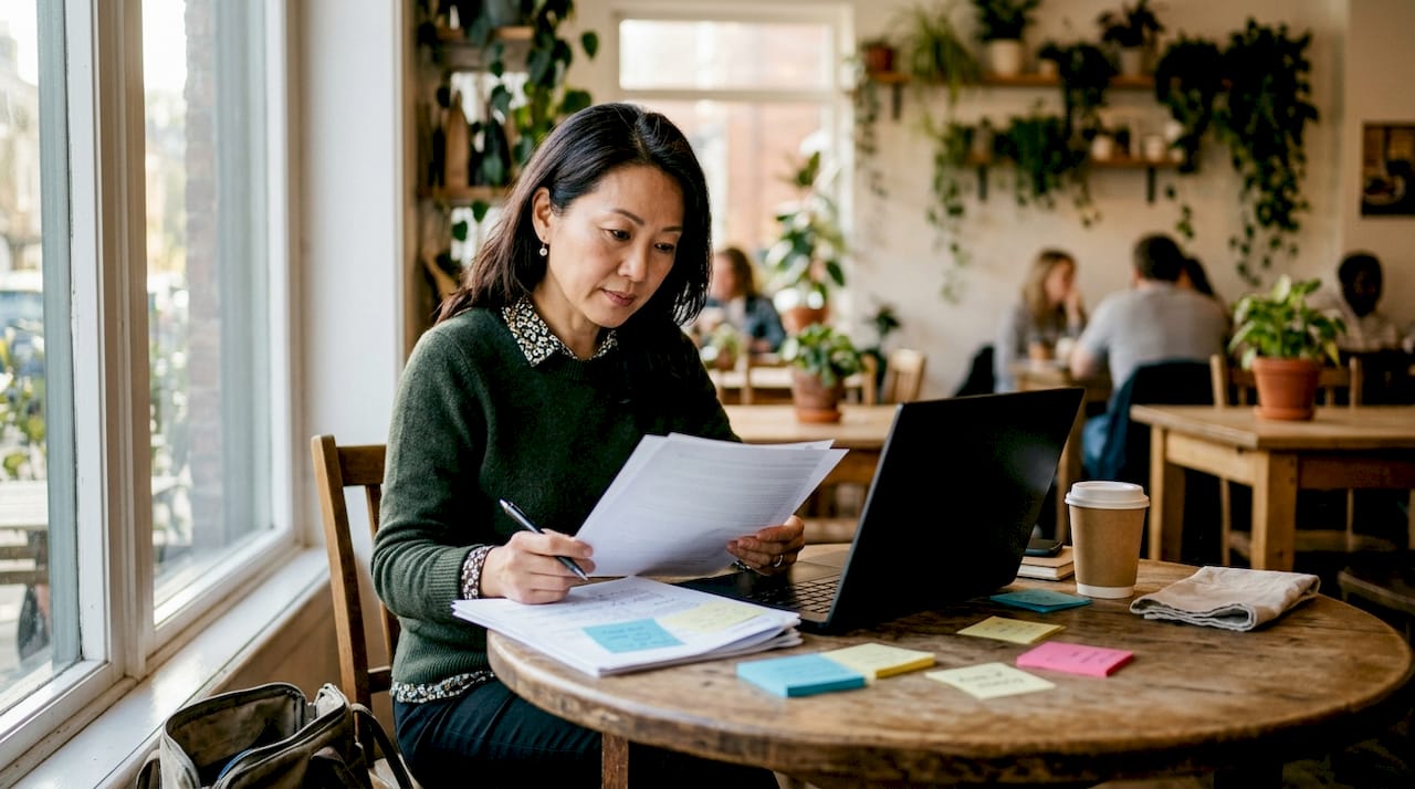 Woman reviewing engineering consultant project documents