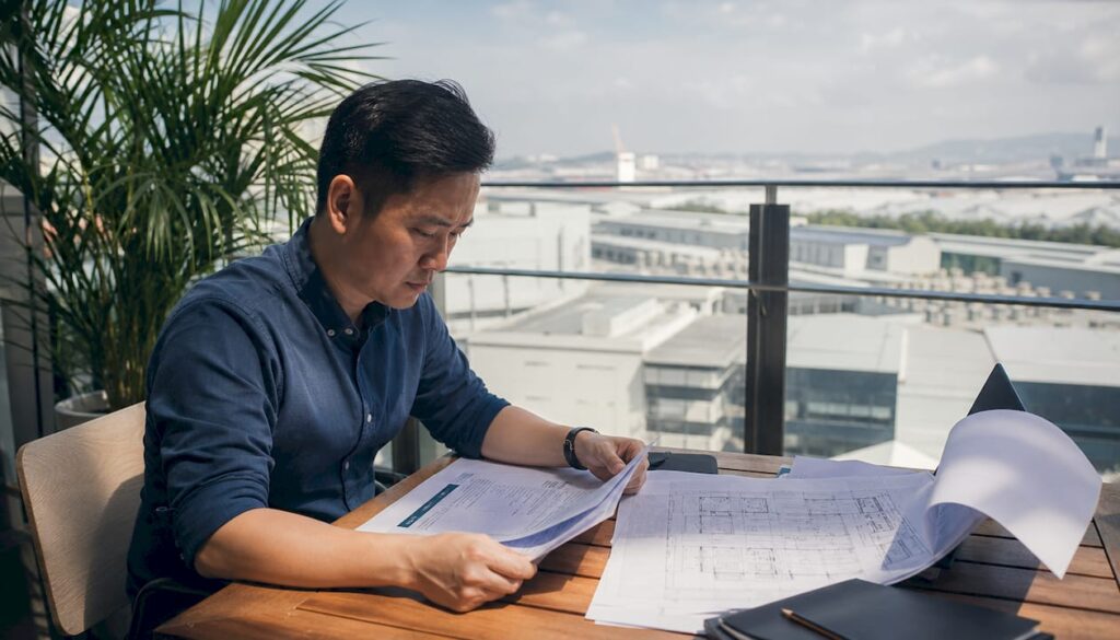 Developer reviewing JTC submission documents in office