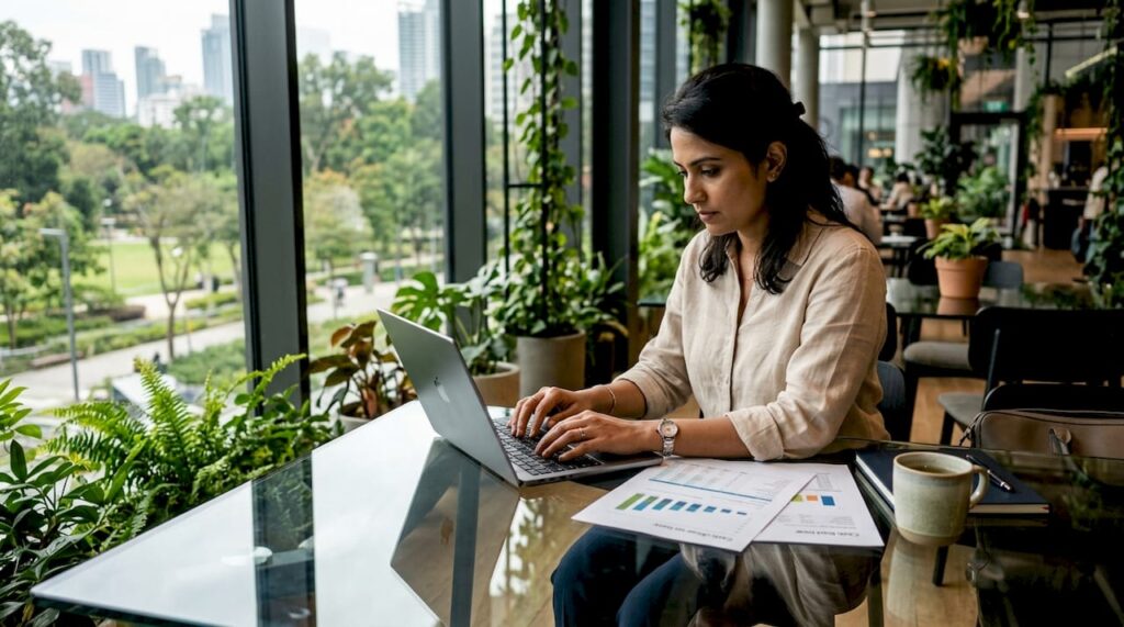 Woman analyzing project valuation at office desk