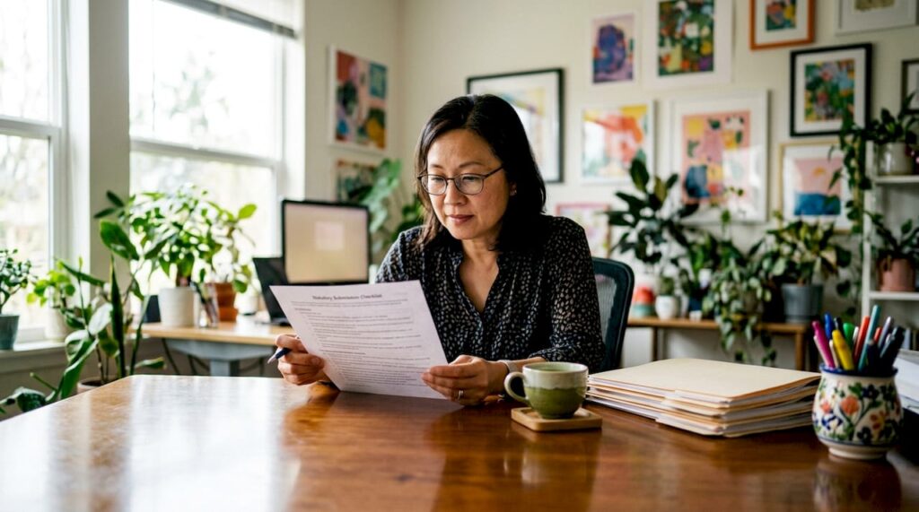 Woman reviewing statutory checklist at office desk