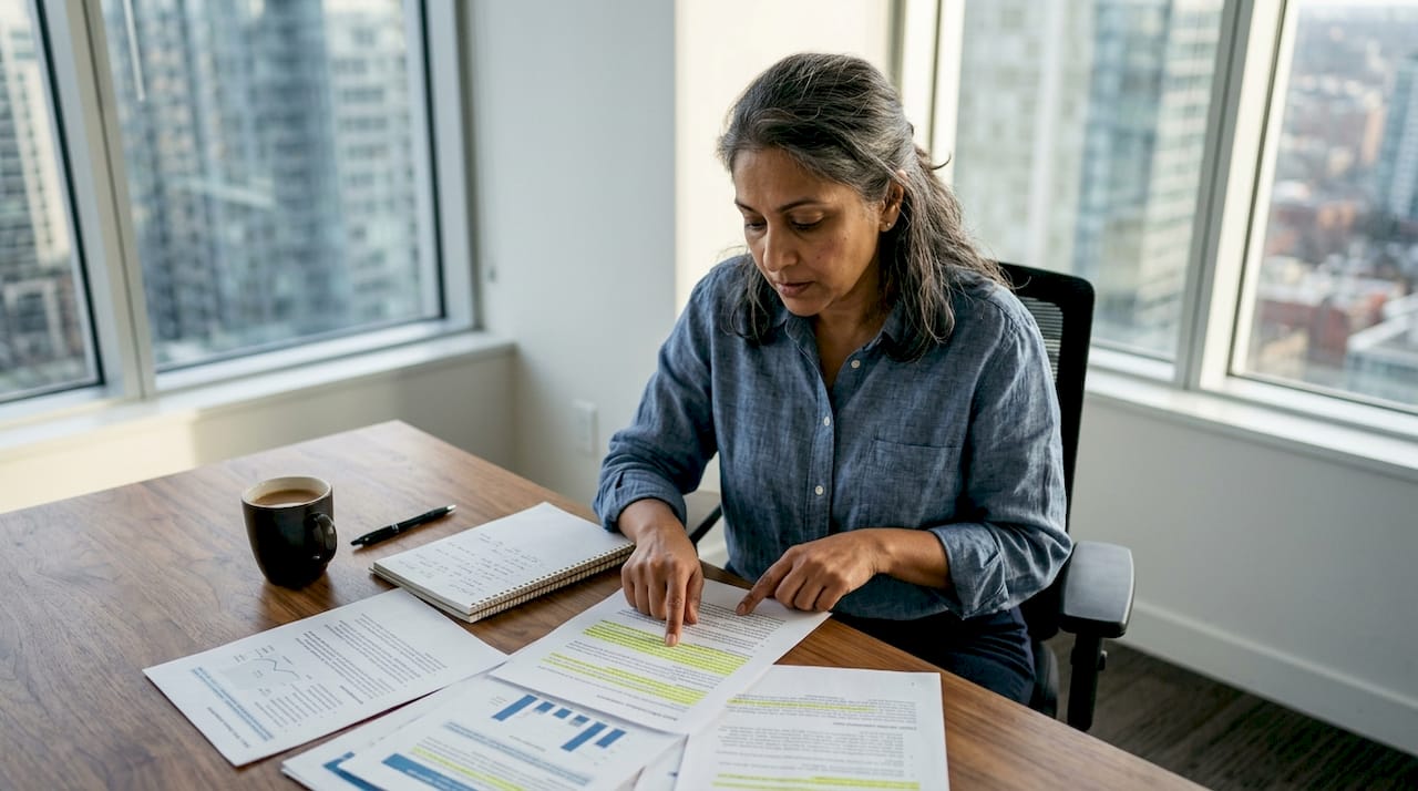 Professional woman reviewing real estate risk reports