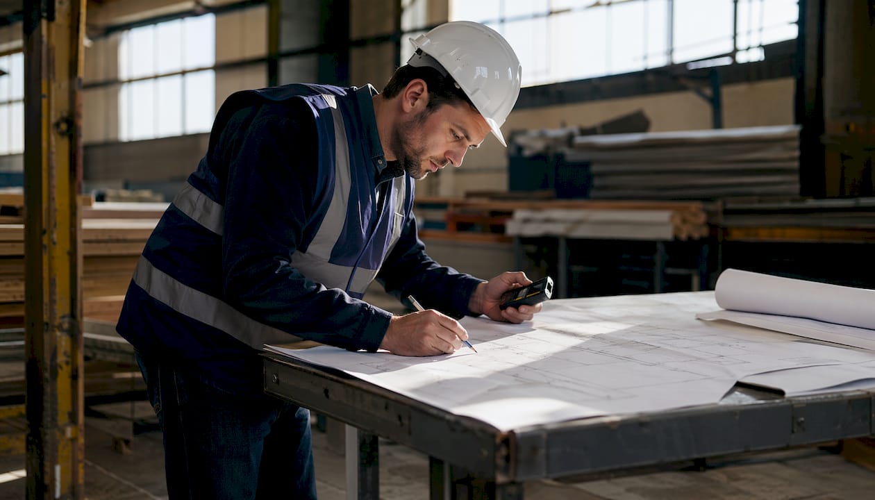 Project manager reviewing as-built blueprint at construction site