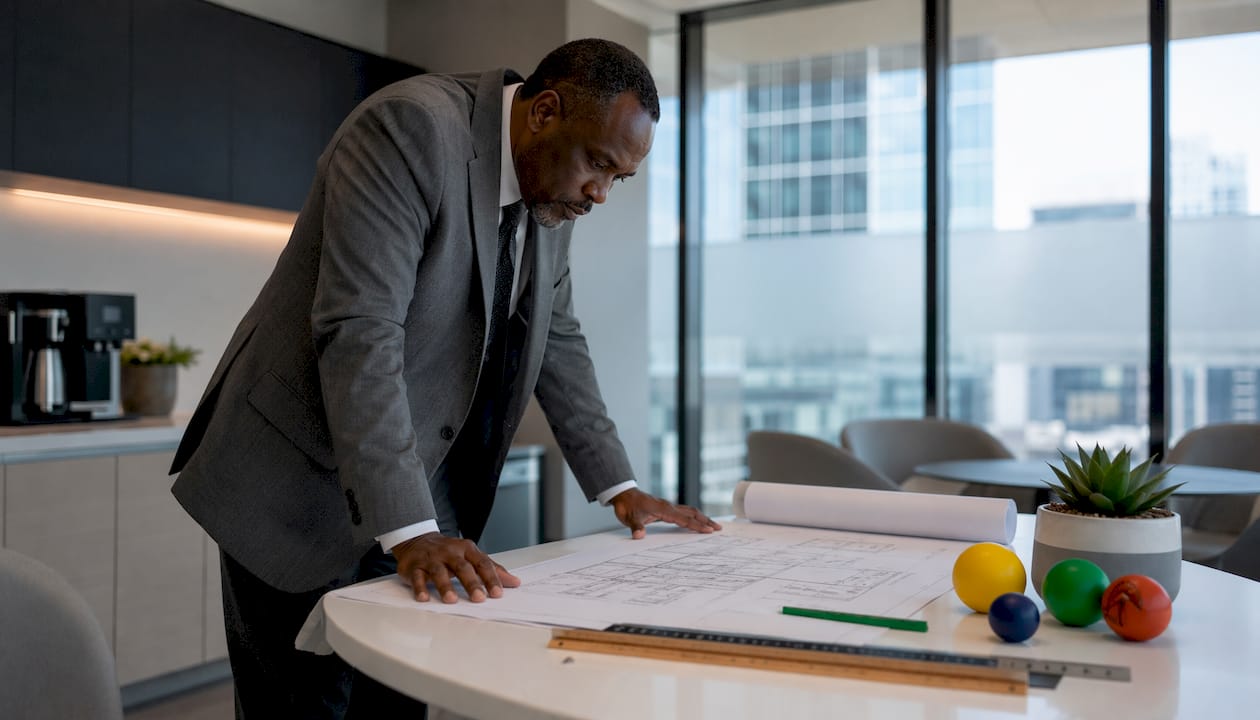 Man reviewing industrial building plans in boardroom