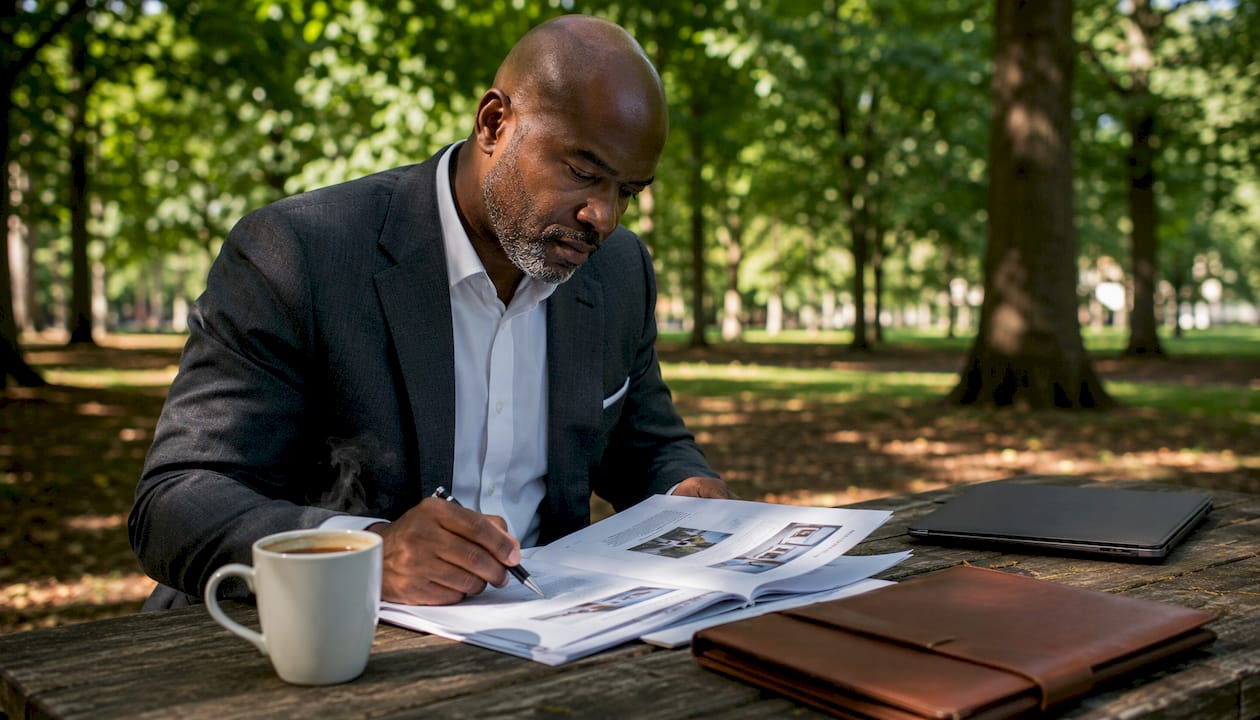 Professional reviewing property valuation reports at desk