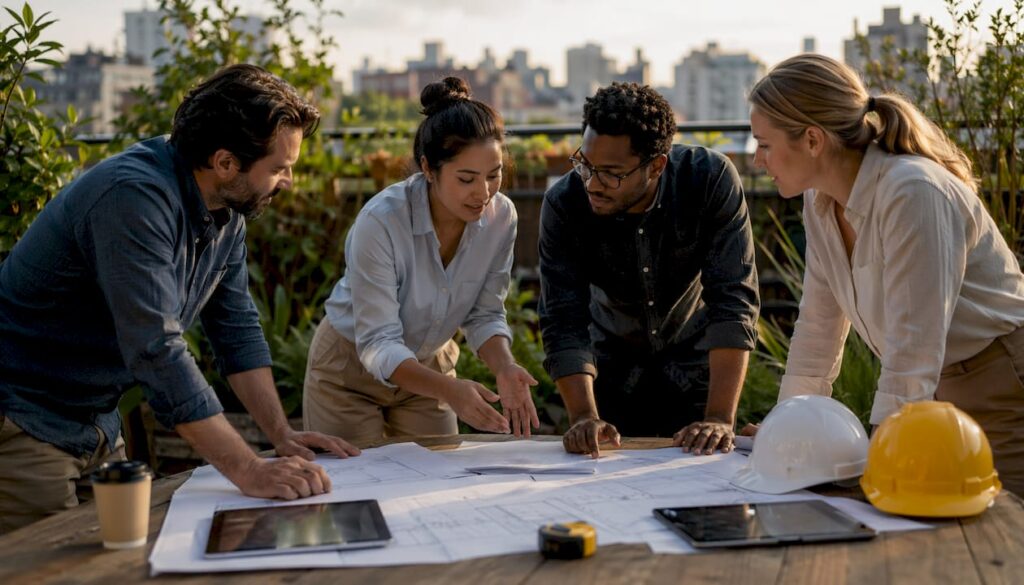 Team reviewing building plans in Singapore office