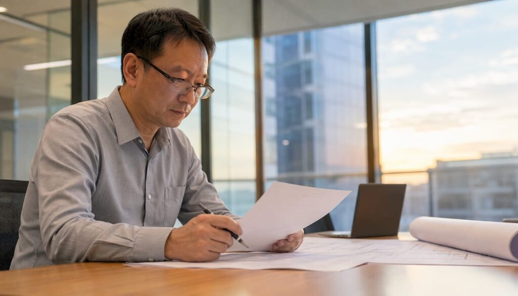 Compliance officer reviewing fire safety certificate documents