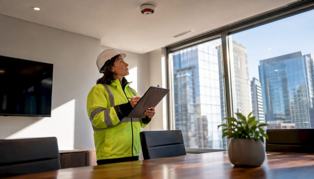 Fire safety inspector reviewing compliance checklist indoors