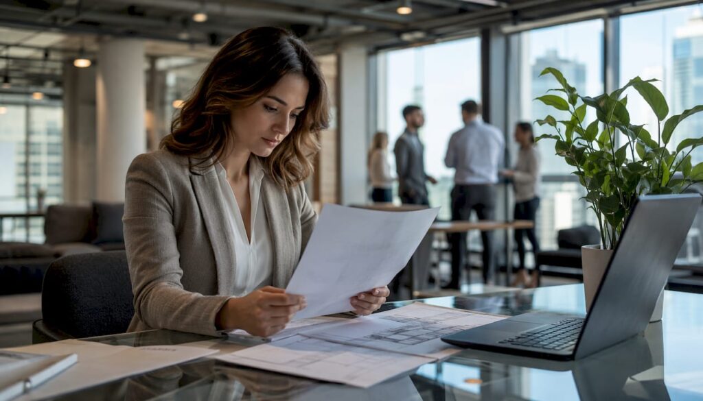 Female developer reviewing printed valuation report