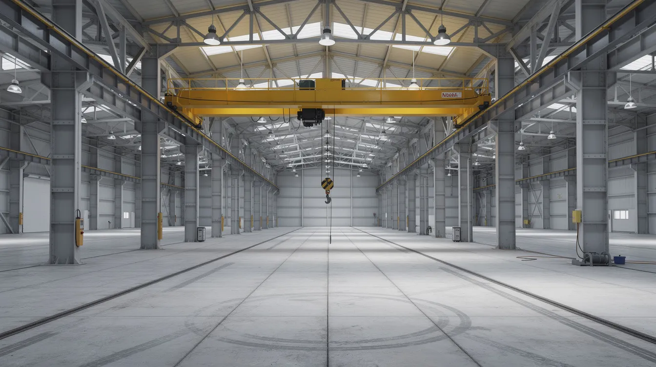 The image depicts the interior of an industrial warehouse featuring robust steel columns and large concrete floor slabs, complemented by an overhead crane system. This setting is ideal for businesses considering a lease renewal or exploring flexible lease extension initiatives within the framework of JTC industrial land.