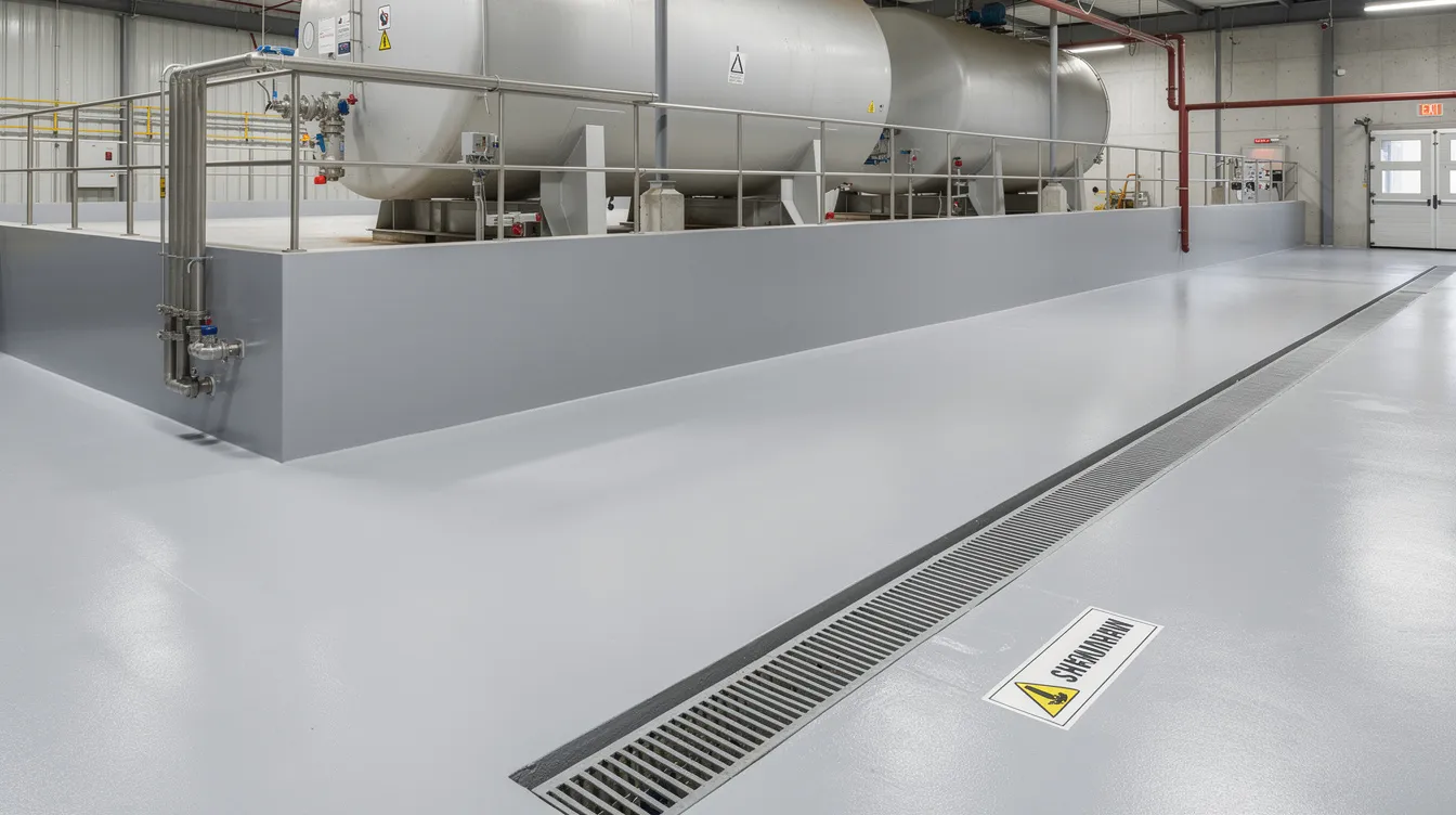 The image depicts an industrial bund wall designed for a chemical storage facility, featuring a smooth epoxy coating and a secondary containment drain. This structure is essential for managing hazardous chemicals and ensuring operational safety by preventing spills and leaks from adjacent tanks containing flammable liquids.