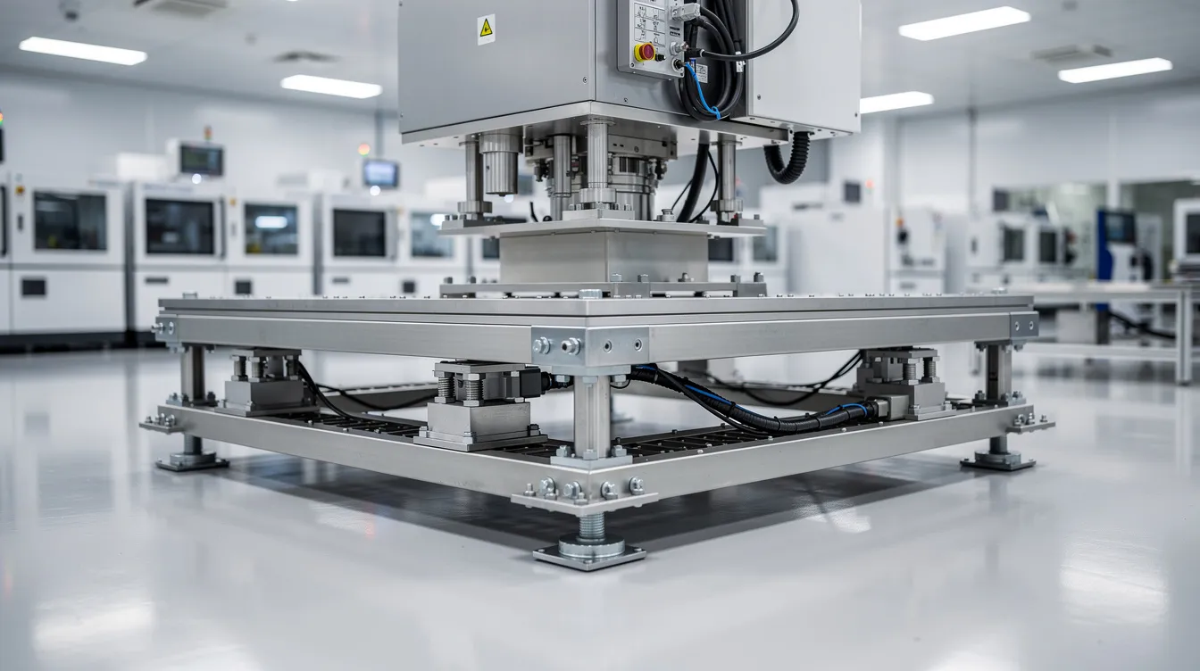 The image depicts a precision isolation platform installed beneath sensitive manufacturing equipment, designed to effectively manage vibration control and minimize excessive vibration. This active vibration isolation system enhances the reliability and performance of the equipment by reducing the impact of external vibrations and resonant frequencies.