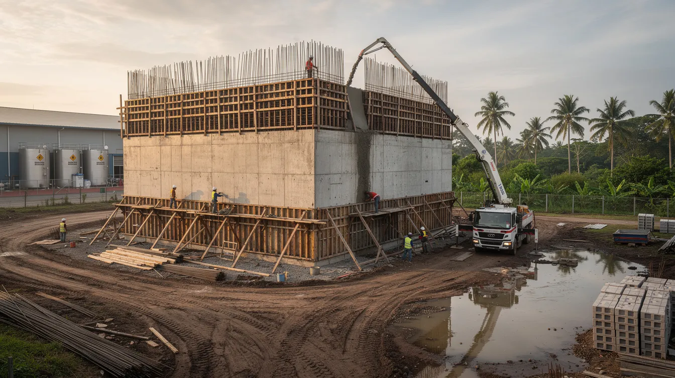 The image shows a reinforced concrete chemical storage bunker under construction in a tropical industrial estate, designed to safely store hazardous chemicals. The structure features robust walls and is being built in compliance with fire safety and operational safety regulations to prevent catastrophic failures and ensure the safety of personnel and emergency responders.