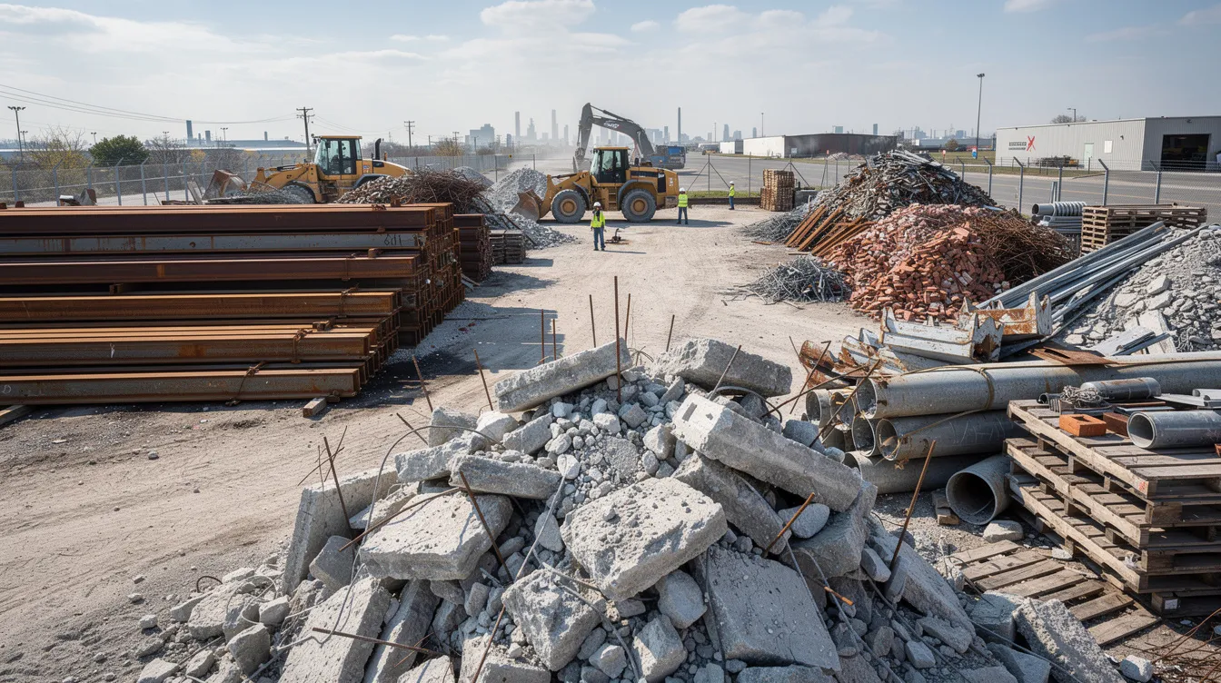 The image depicts sorted piles of recovered concrete, steel beams, and other industrial materials at a demolition recycling yard, emphasizing the importance of sustainable construction practices and waste management in the demolition process. This facility plays a critical role in adhering to demolition protocols and promoting a circular economy by preparing materials for reuse and recycling.