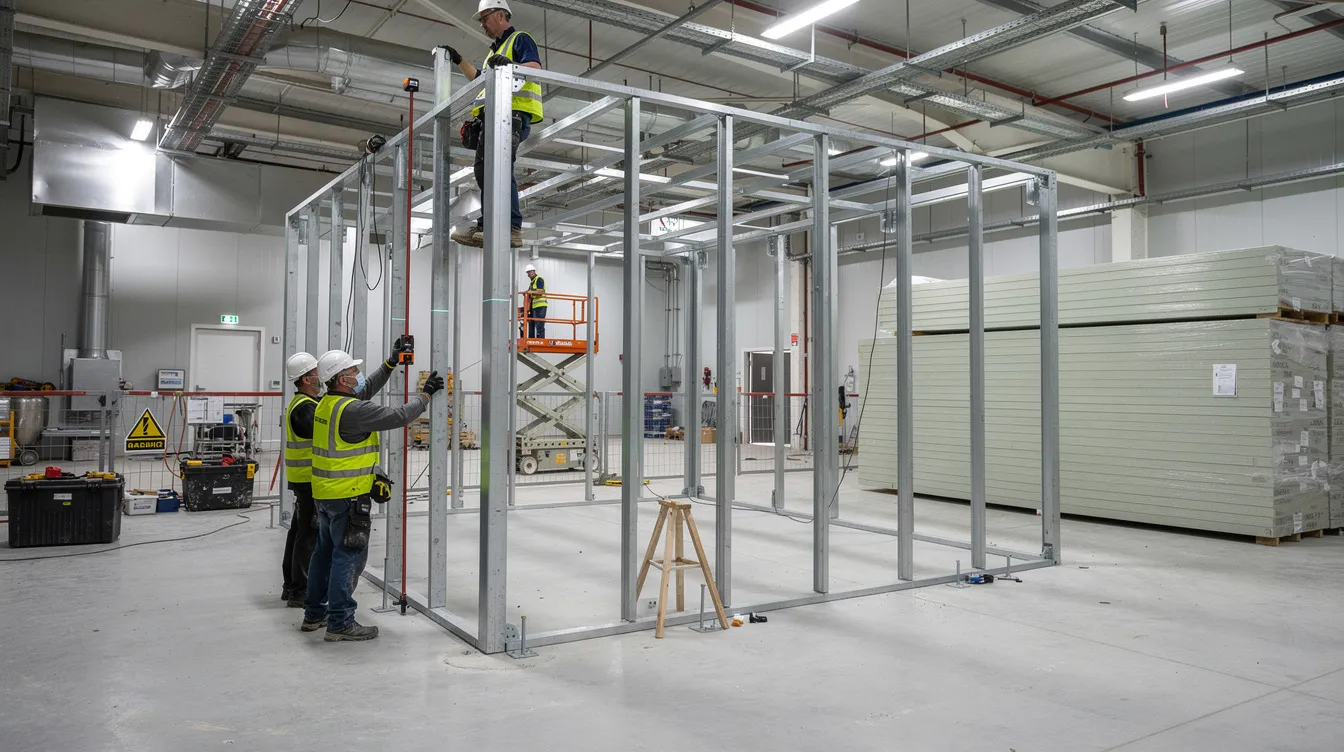 The image depicts a construction site where steel framework is being installed for a cold room structure within an industrial food factory, emphasizing the importance of structural stability and cold room design for efficient cold storage facilities. The scene illustrates the ongoing development of modern cold rooms, crucial for maintaining precise temperature control and ensuring food safety.