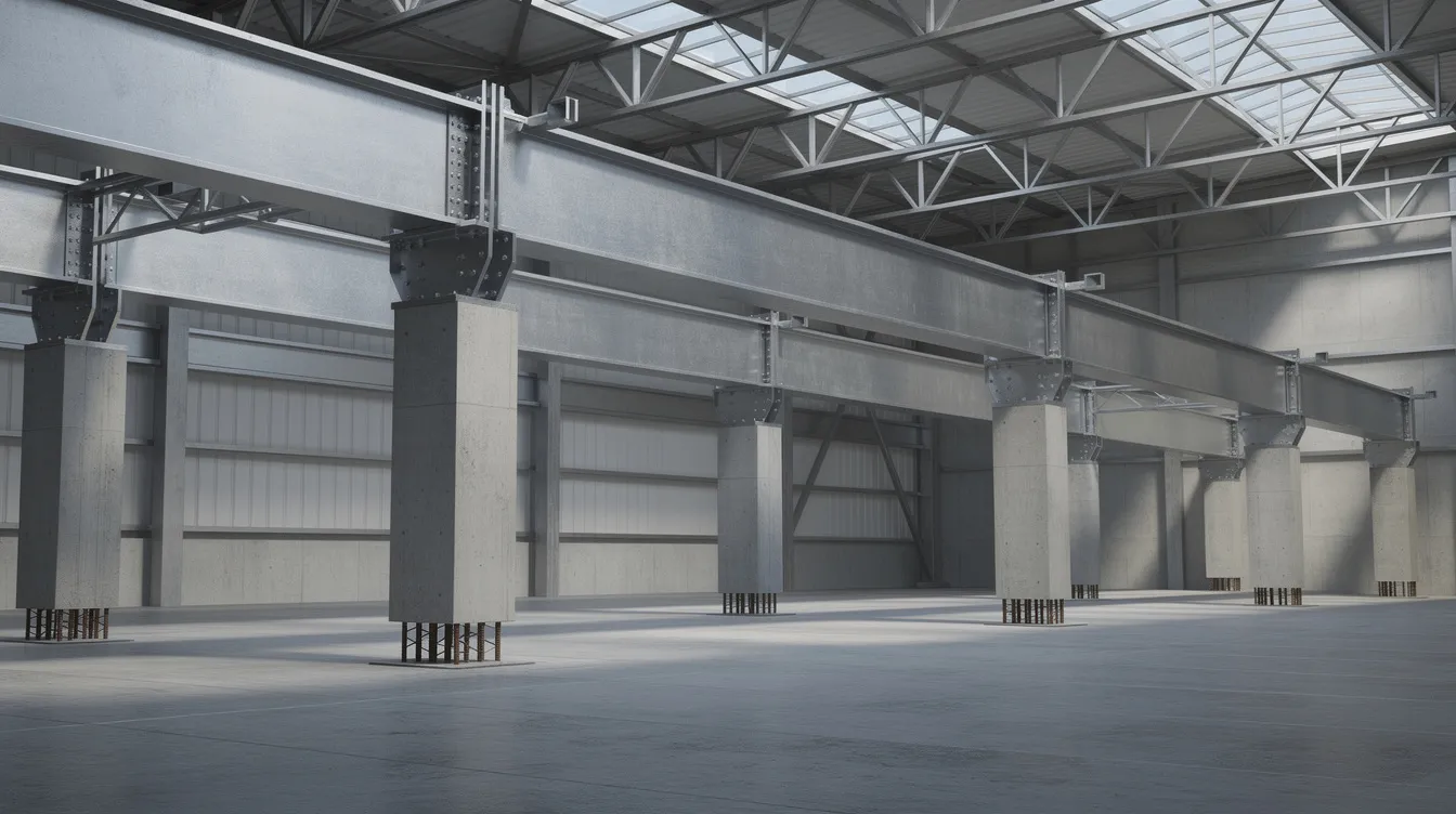 The image depicts steel runway beams securely mounted on reinforced columns within an industrial building, essential for supporting an overhead crane system. This structural setup is crucial for ensuring operational safety and efficiency in lifting heavy loads during production processes.